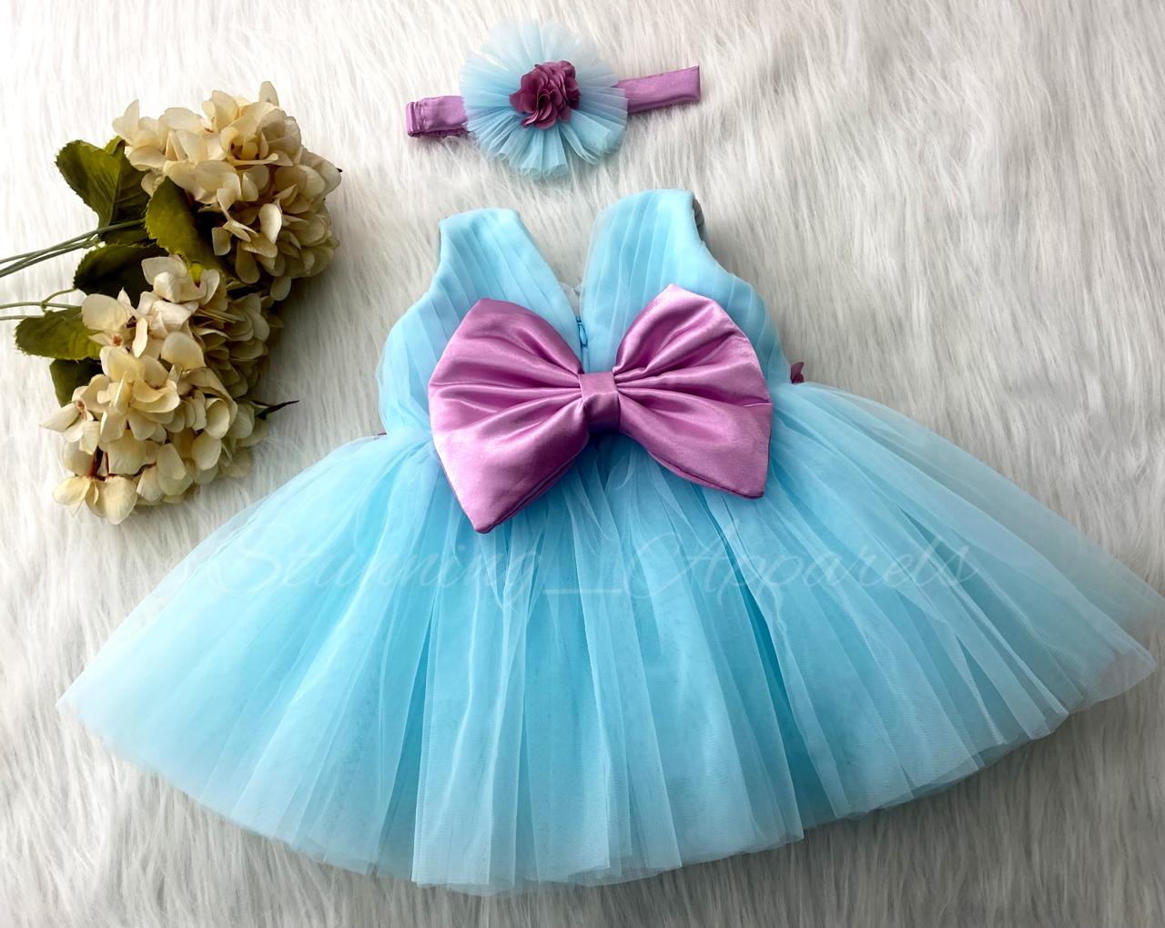 Waist Line Dusty Pink Flower Work Sky Blue Frock