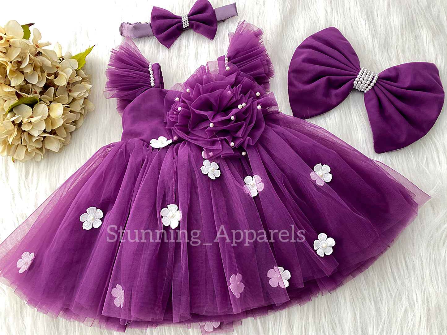 White Flower Work Strapped Sleeves Deep Orchid Frock