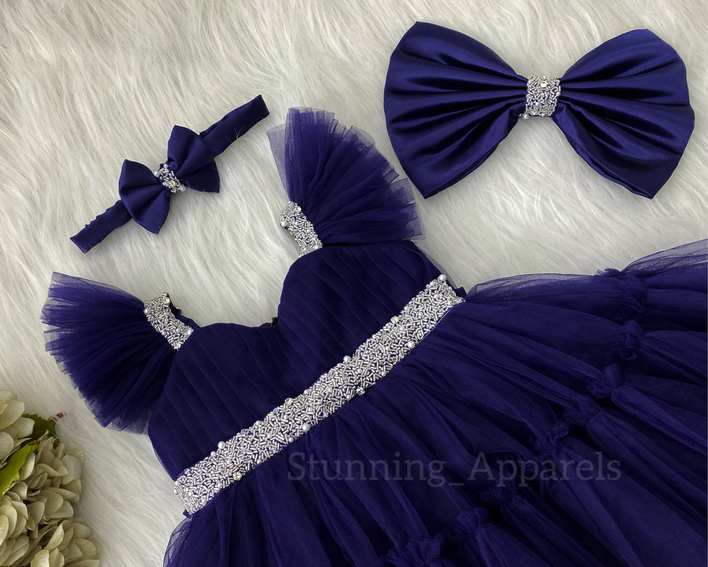 Designer Sweetheart Neckline Hand Work Navy Blue Frock