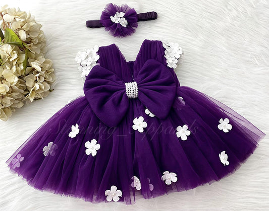 Cute White Flower Work Cape Sleeves Purple Frock