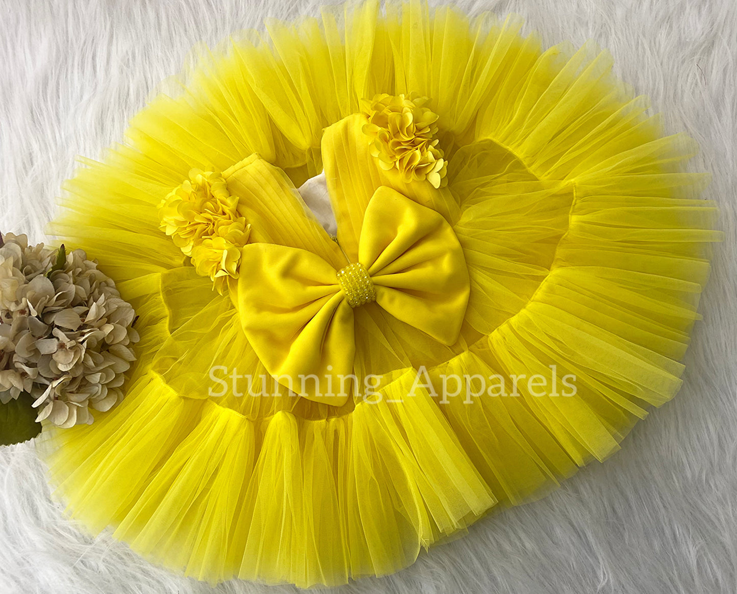 Beautiful Cape Sleeves Flower Work Ruffled Yellow Frock