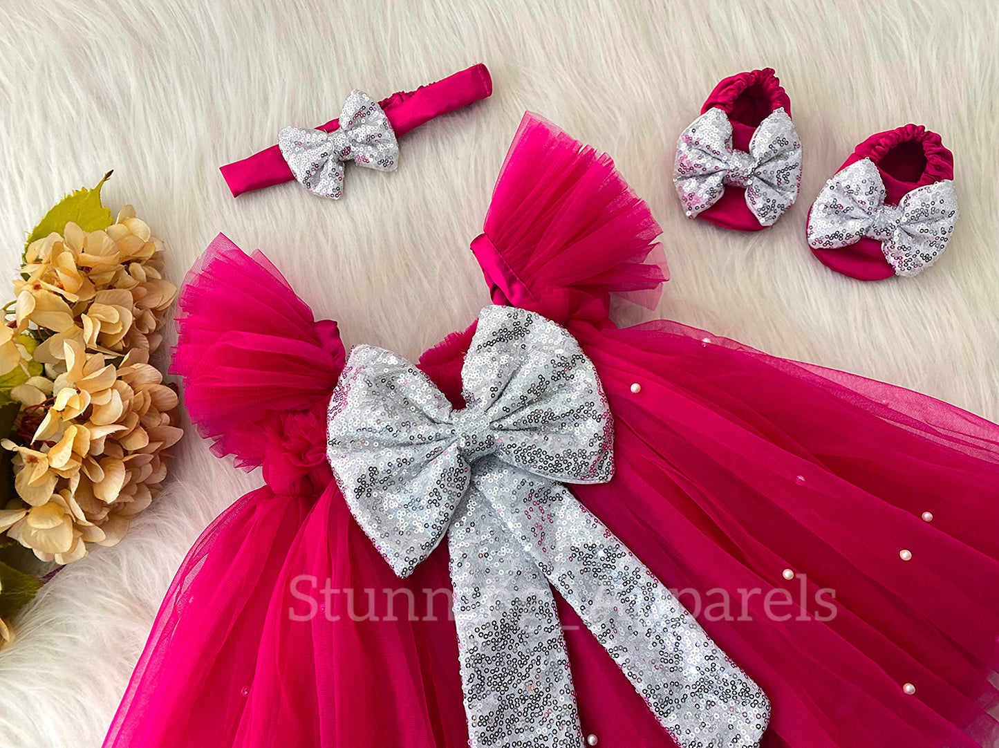 Silver Sequins Bow Party Wear Magenta Pink Umbrella Dress