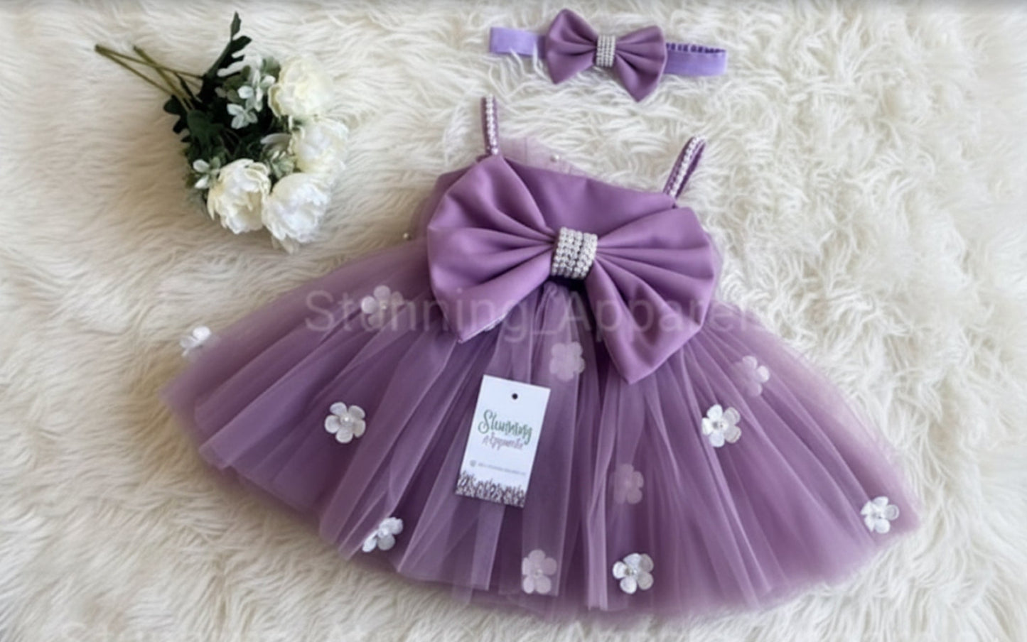 White Flower Work Strapped Sleeves Lilac Frock