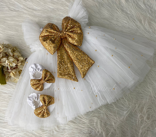 Golden Sequins Bow Party Wear White Umbrella Dress