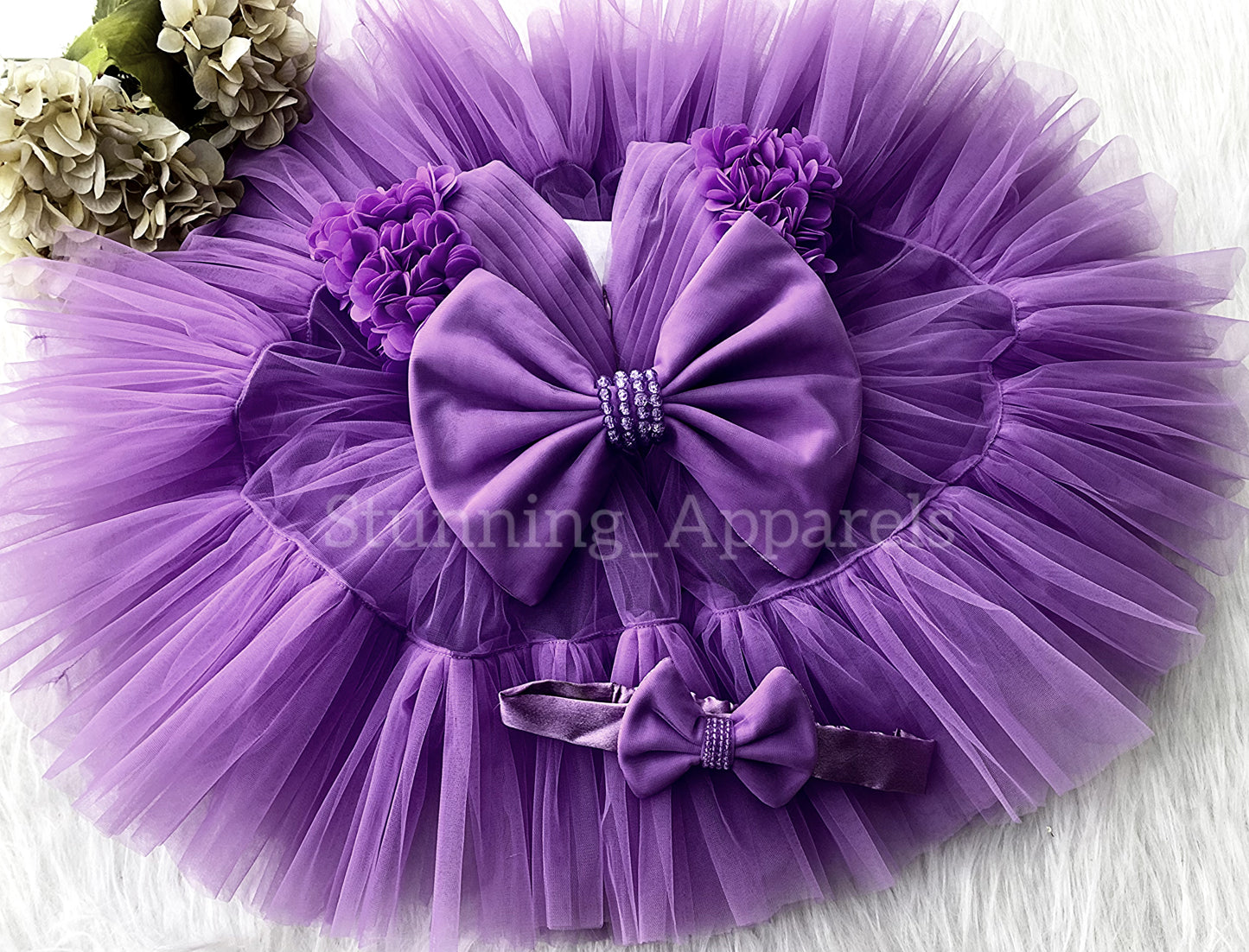 Beautiful Cape Sleeves Flower Work Ruffled Dark Lavender Frock
