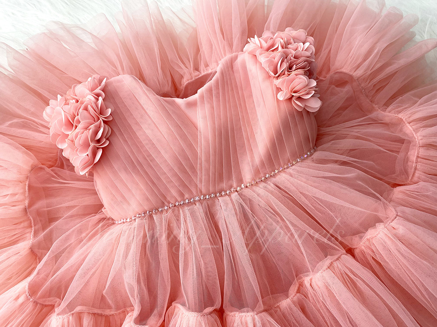 Beautiful Cape Sleeves Flower Work Ruffled Peach Frock