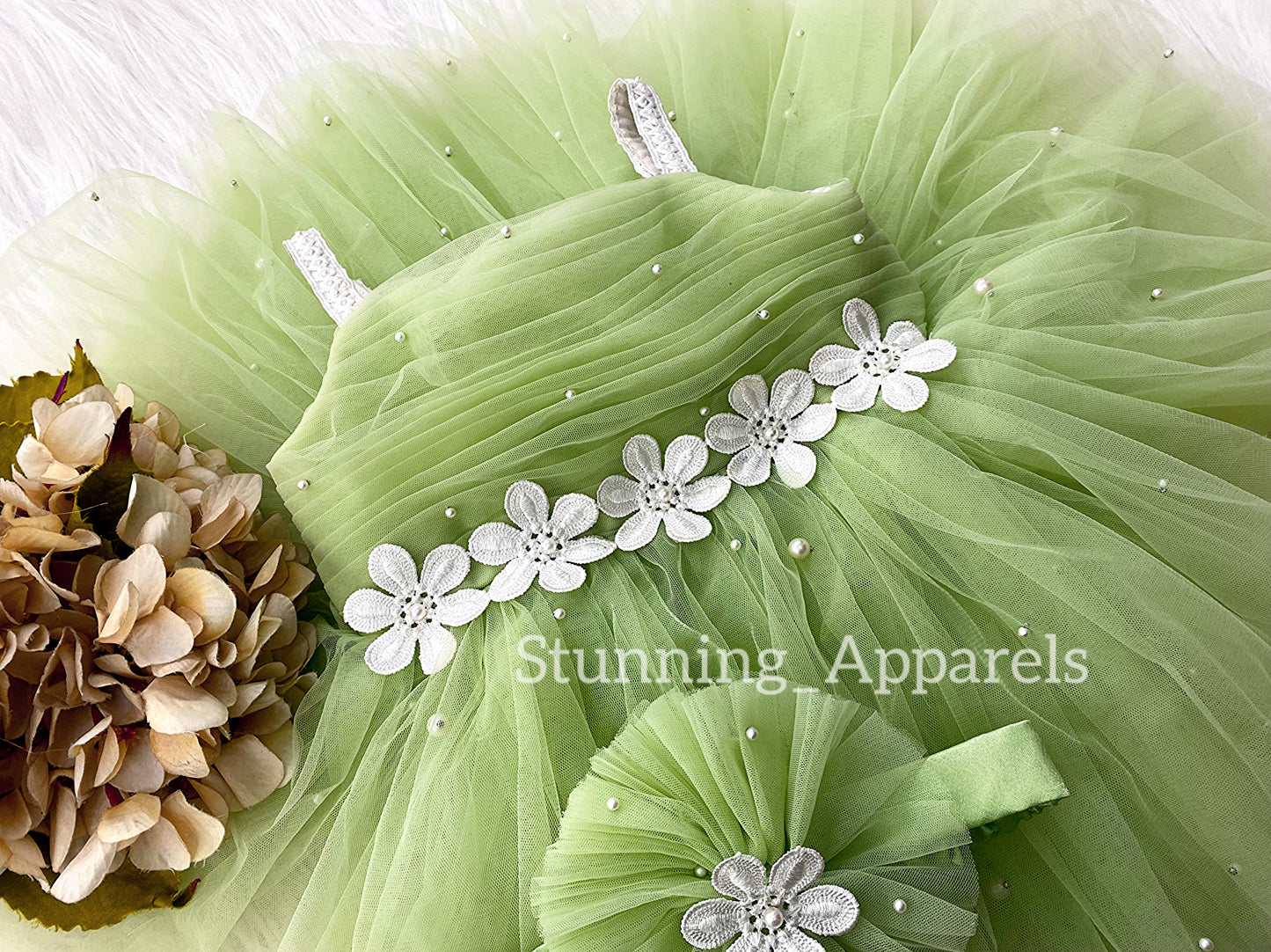 White Flower Work Party Wear Pista Green Dress