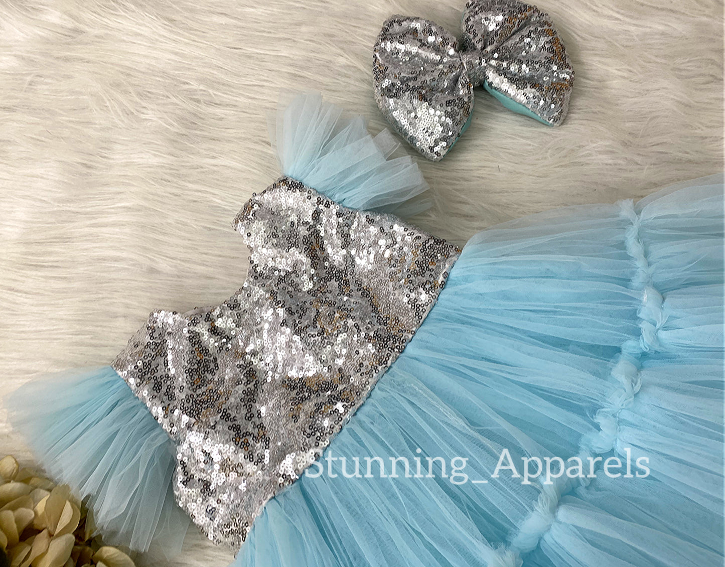 Silver Sequin Bow Sky Blue Ruffled Dress