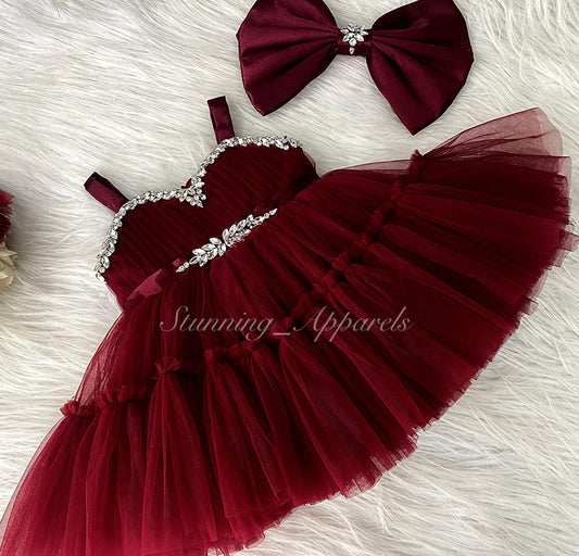 Designer Stone and Diamond Work Ruffled Maroon Dress