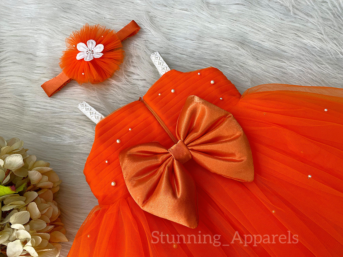 Waistline White Flower Work Party Wear Orange Dress
