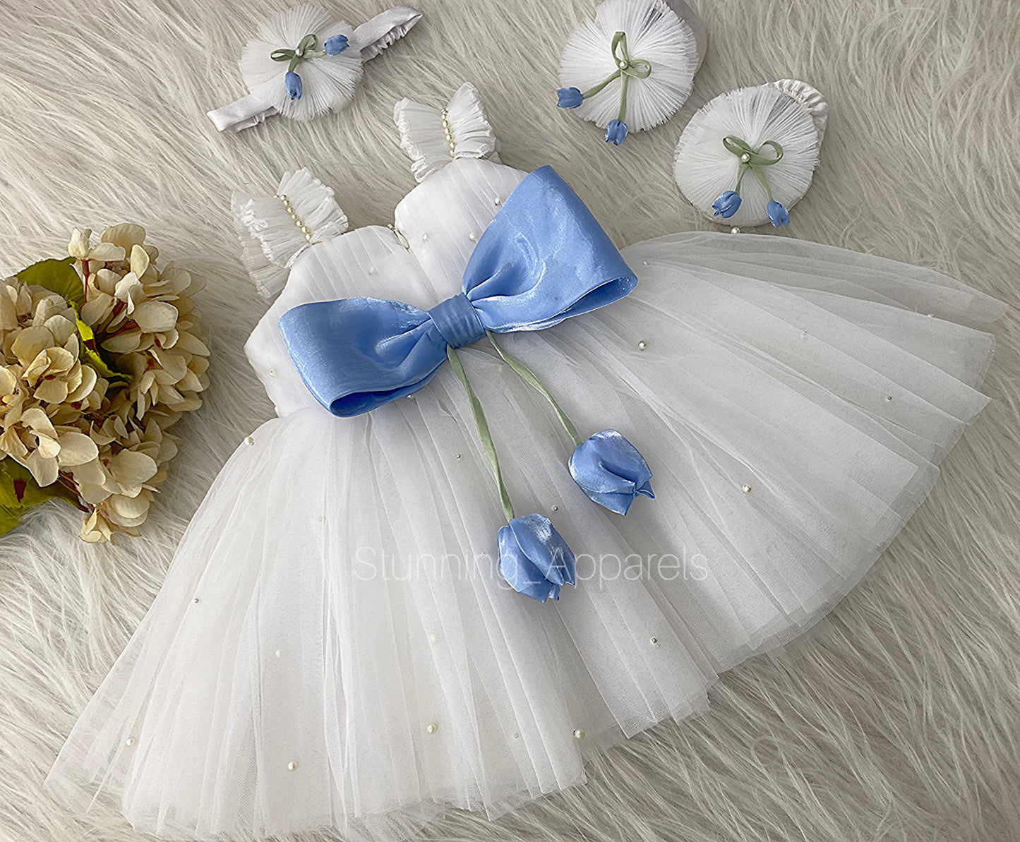 Pastel Blue Tulip Flower Work Party Wear White Dress