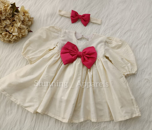Magenta satin Bow stylish cream dress