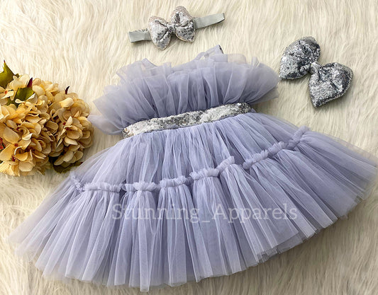 Silver Sequin Bow Ruffled Light Gray Dress