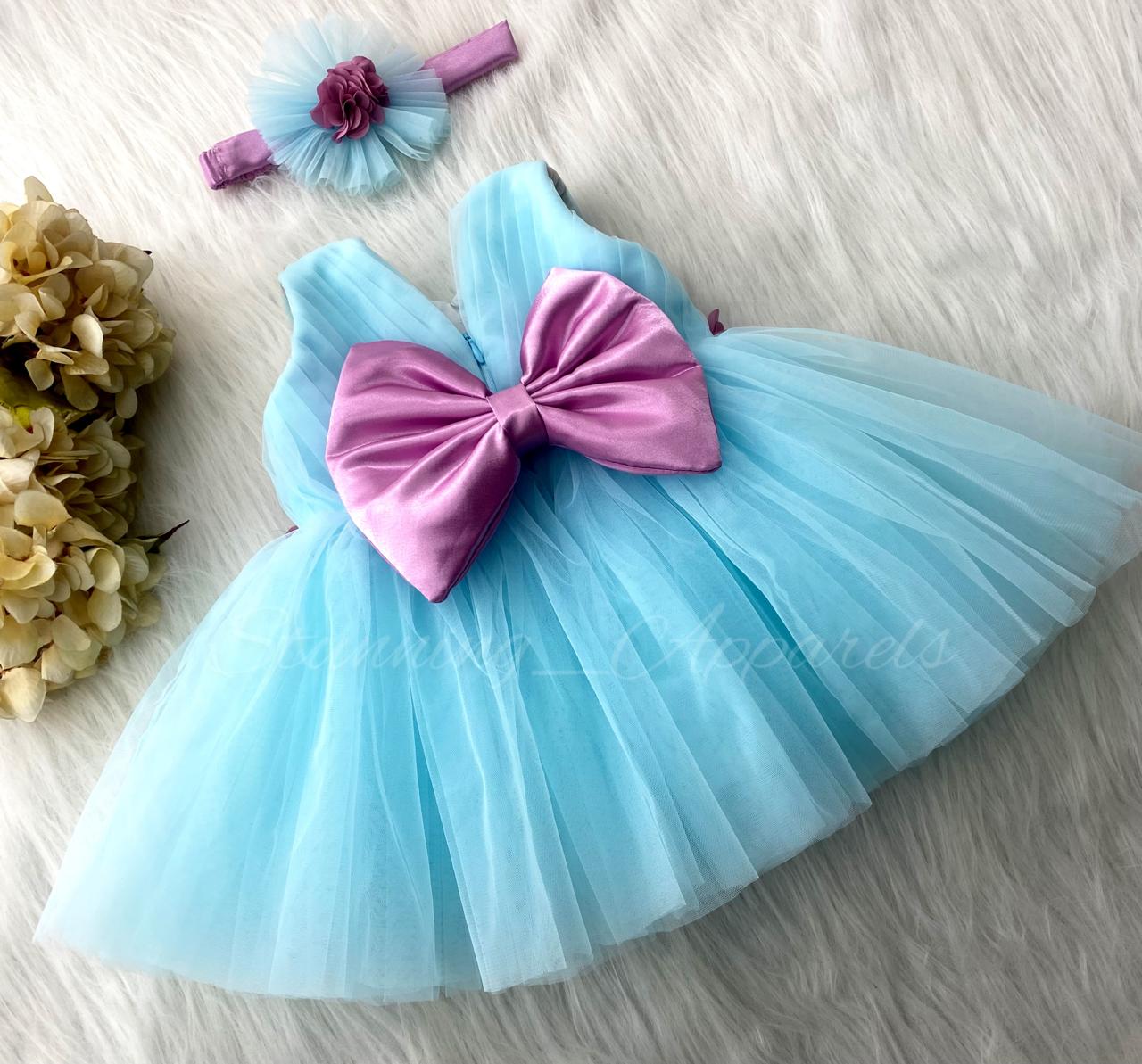 Waist Line Dusty Pink Flower Work Sky Blue Frock