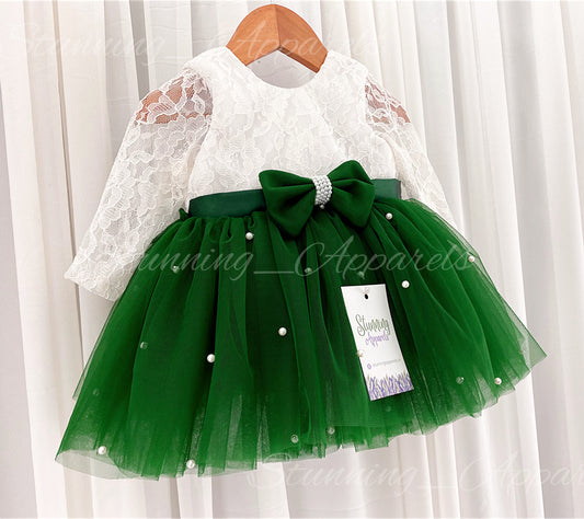 Long Sleeves White Pearls Work Green Frock