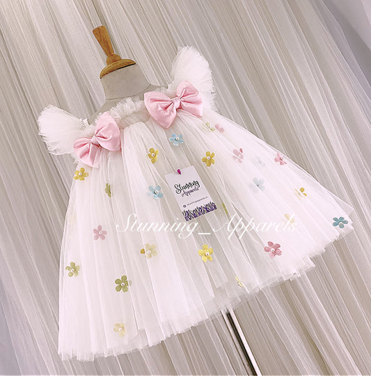 Multi Colour Flower Work, Baby Pink Satin Bow White Umbrella Dress
