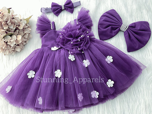 White Flower Work Strapped Sleeves Dark Lavender Frock