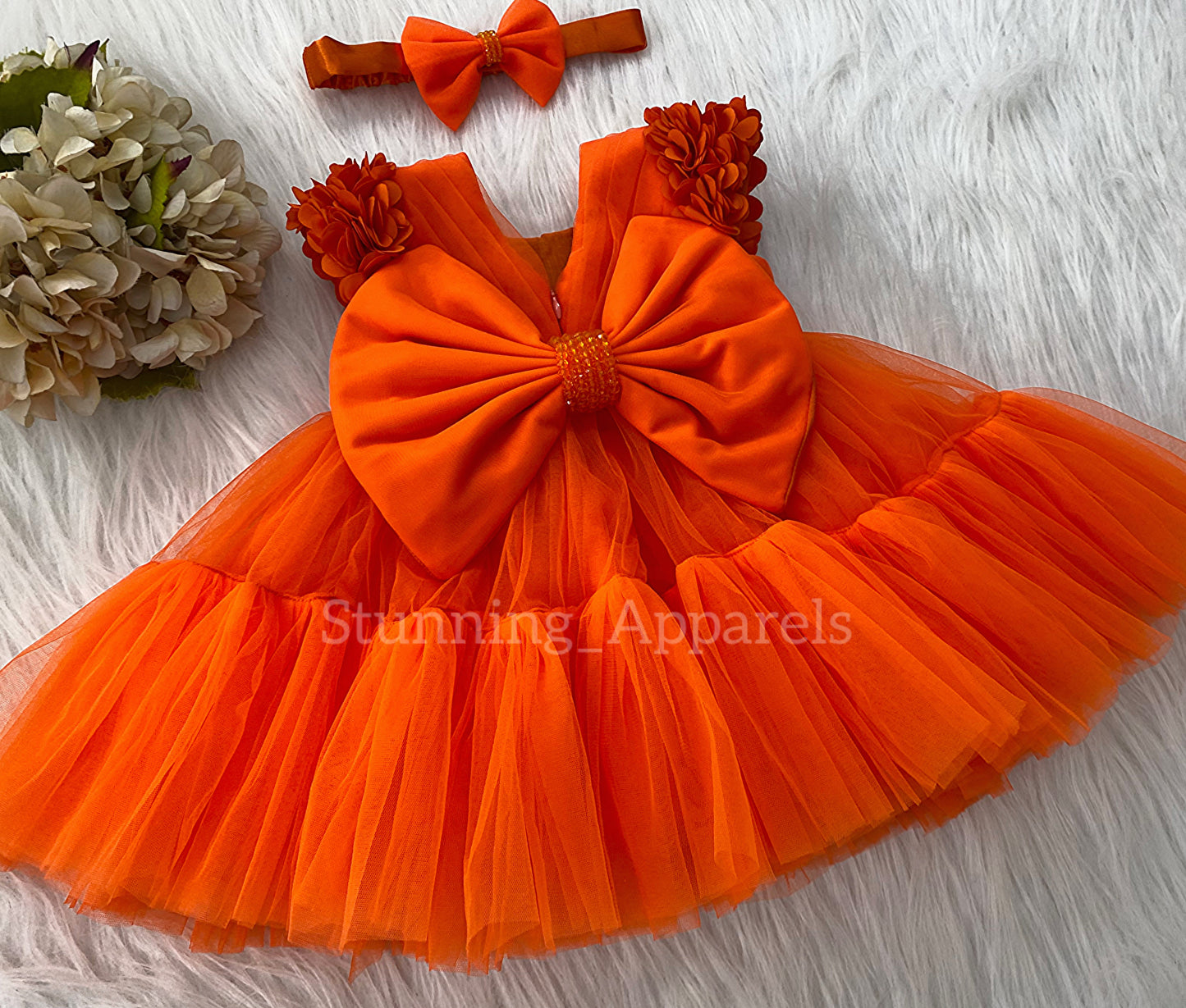 Beautiful Cape Sleeves Flower Work Ruffled Orange Frock
