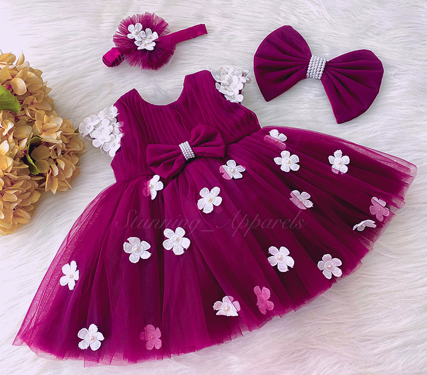 Cute White Flower Work Cape Sleeves Deep Magenta Pink Frock