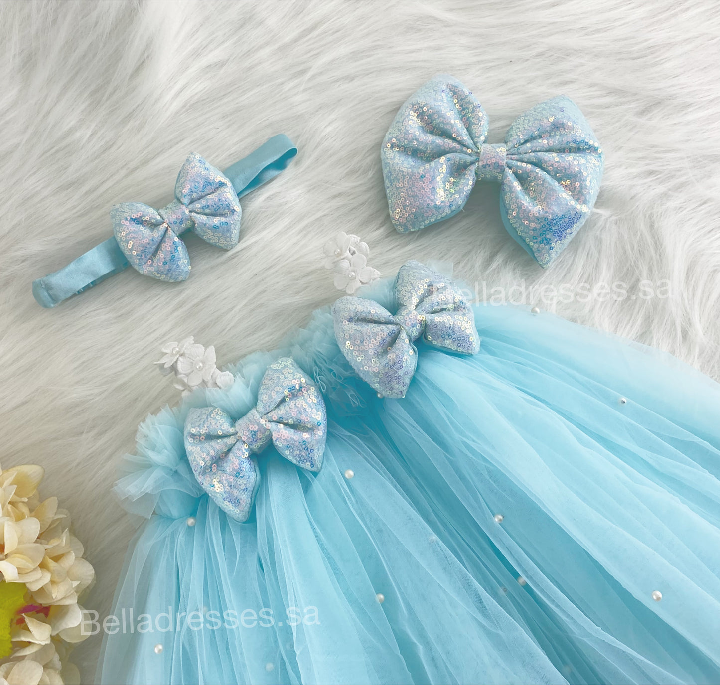 White Flower Strapped  Sequins Bow Party Wear Sky Blue Umbrella Dress