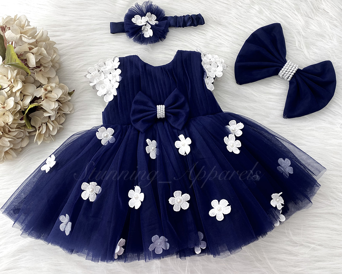 Cute White Flower Work Cape Sleeves Navy Blue Frock