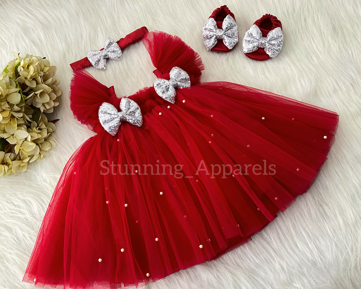 Silver Sequins Bow Party Wear Red Umbrella Dress