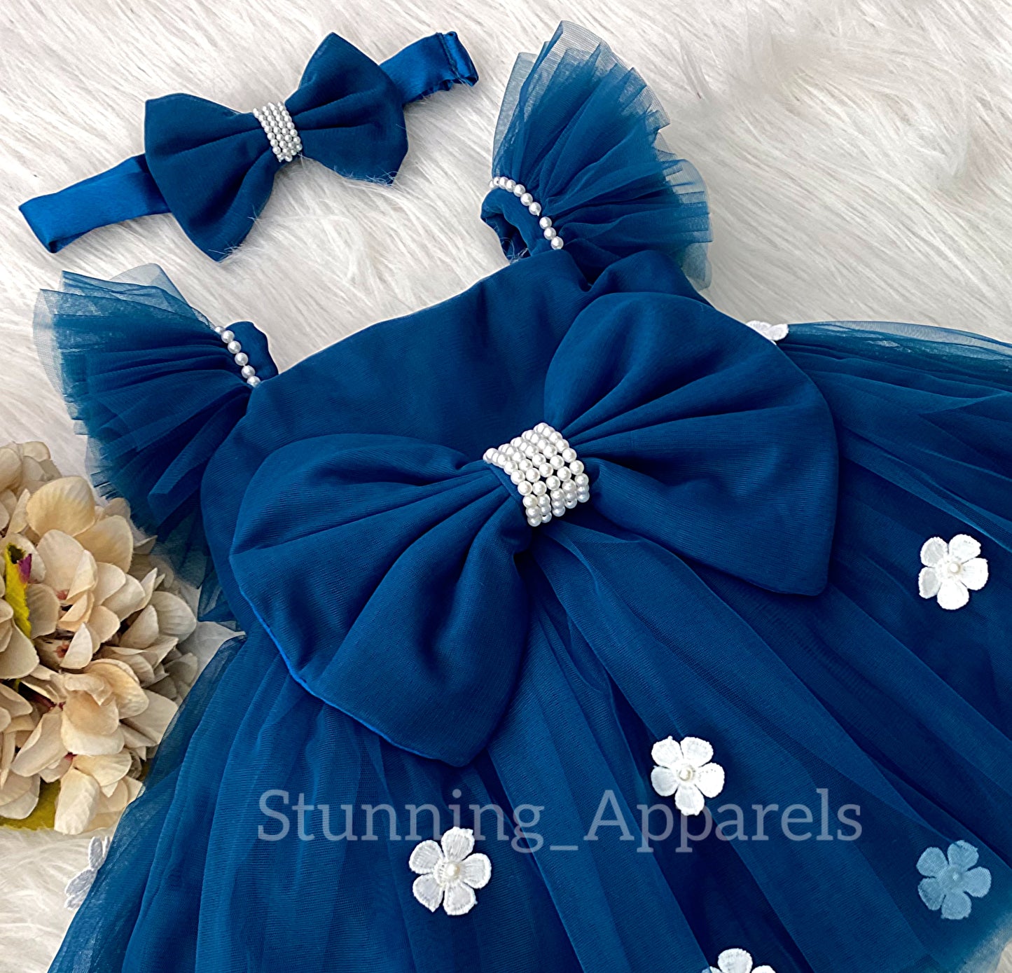 White Flower Work Strapped Sleeves Teal Blue Frock