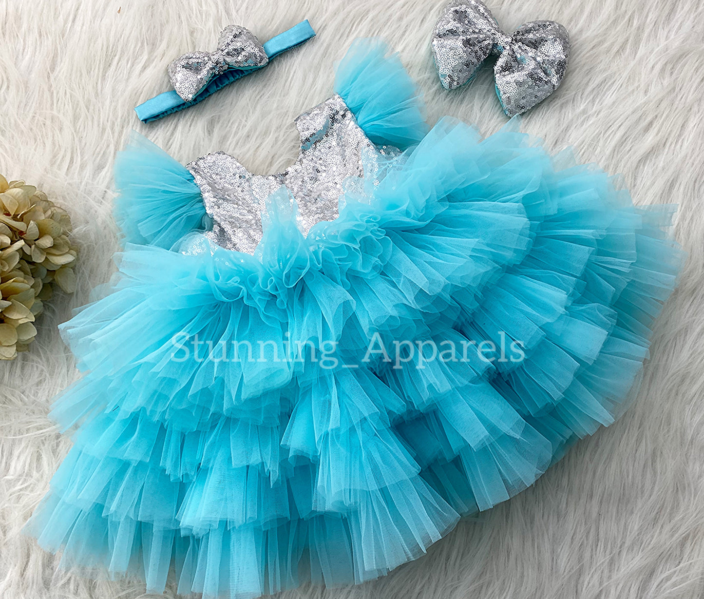 Silver Sequins Bow Stylish Lyered Dark Sky Blue Frock
