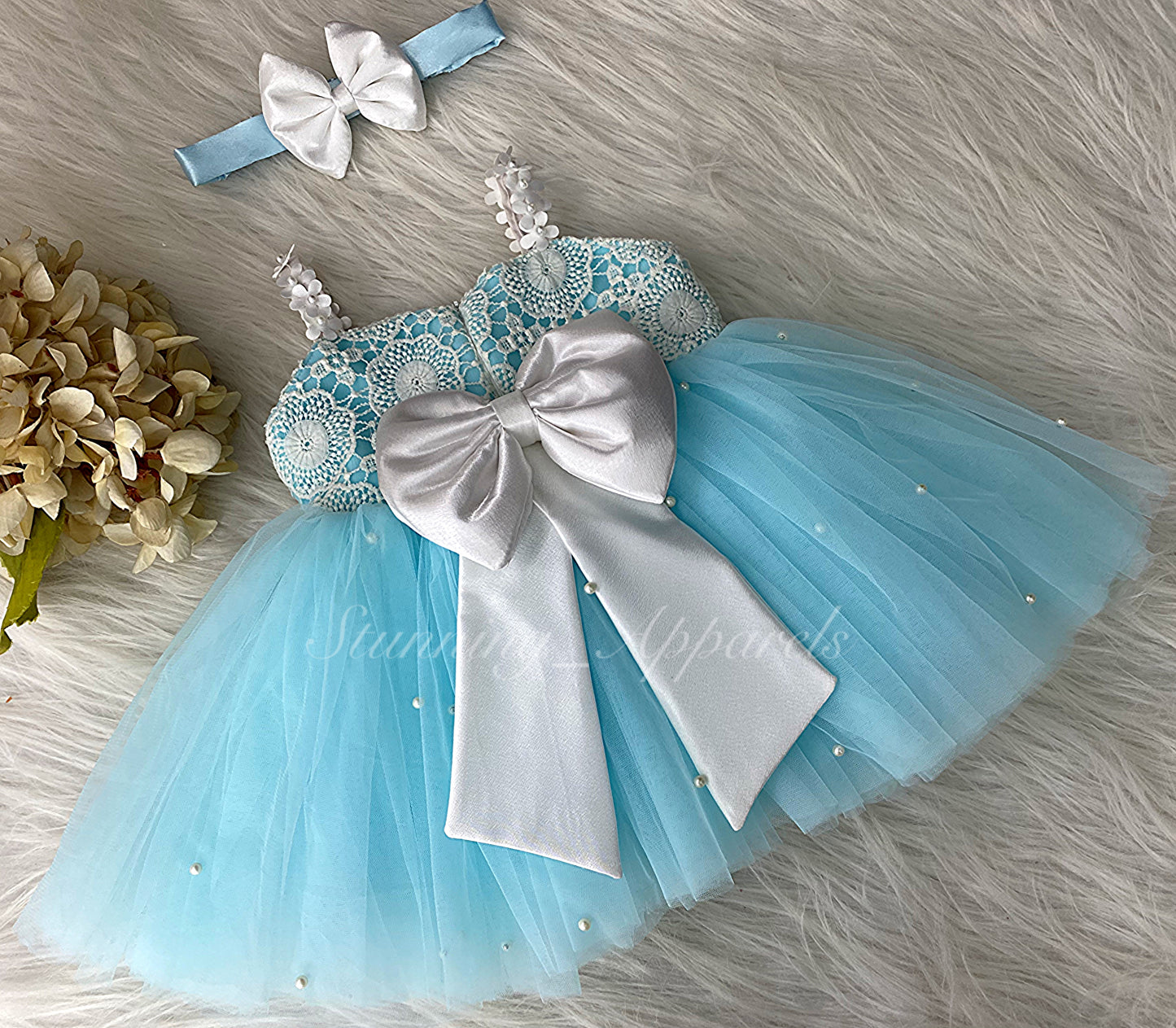 Cute White Flower Strapped Sky Blue Dress