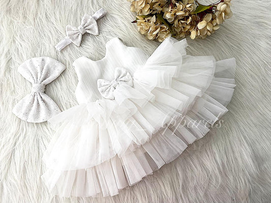 Three Layered Double Folded Stylish White Frock