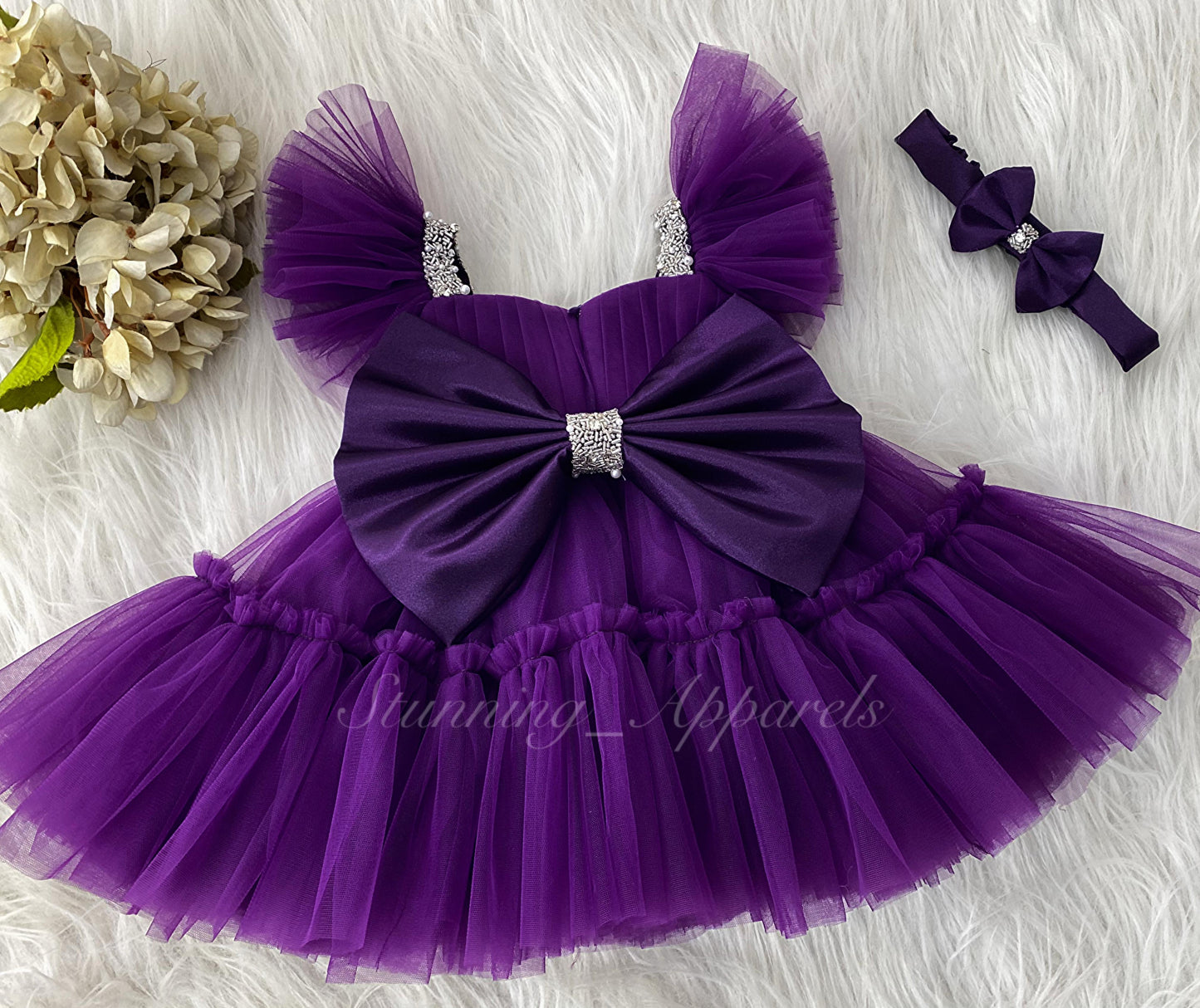 Designer Sweetheart Ruffled Sleeves Neckline Hand Work Purple Pink Frock