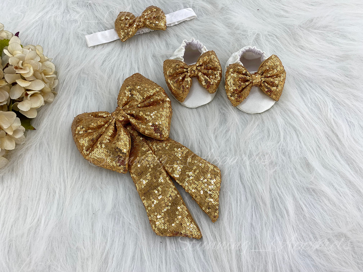 Golden Sequins Bow Party cream umbrella Dress
