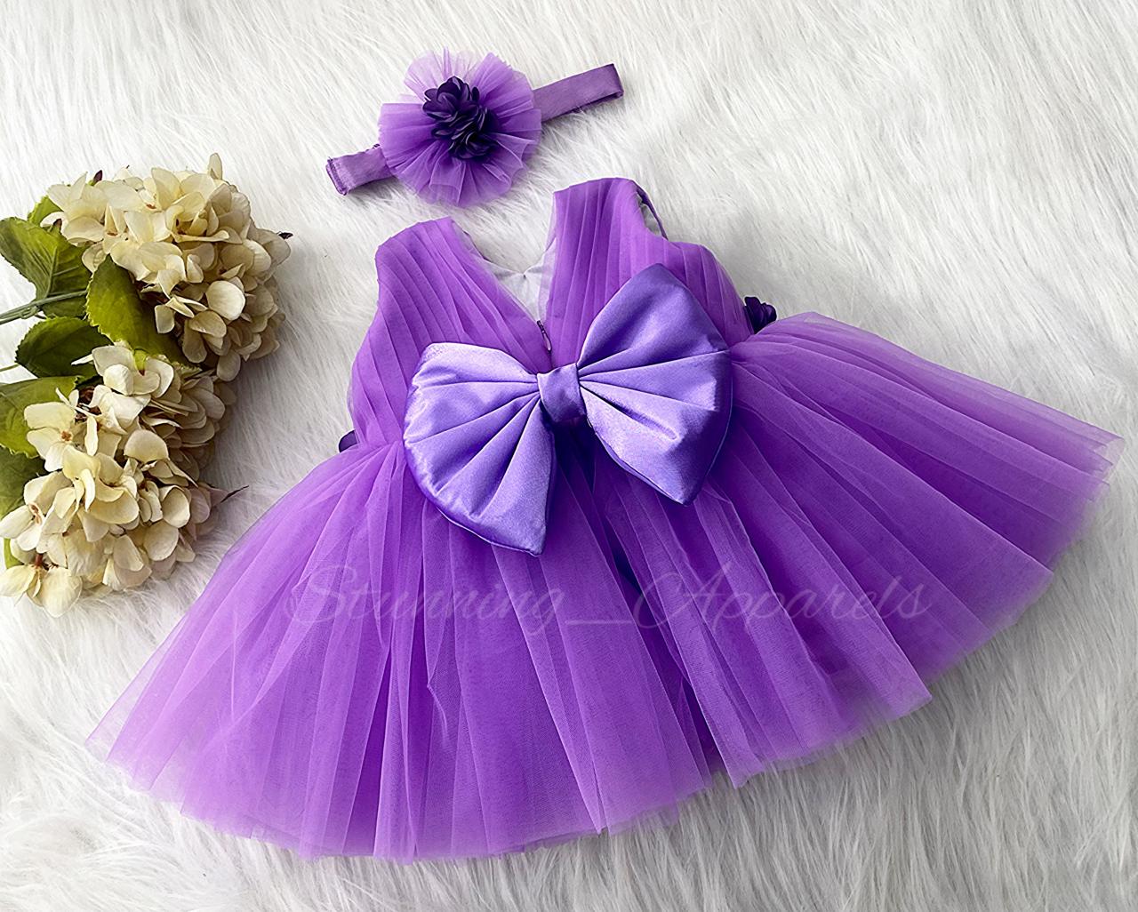 Waist Line Dark Lavender Flower Work Lavender Frock