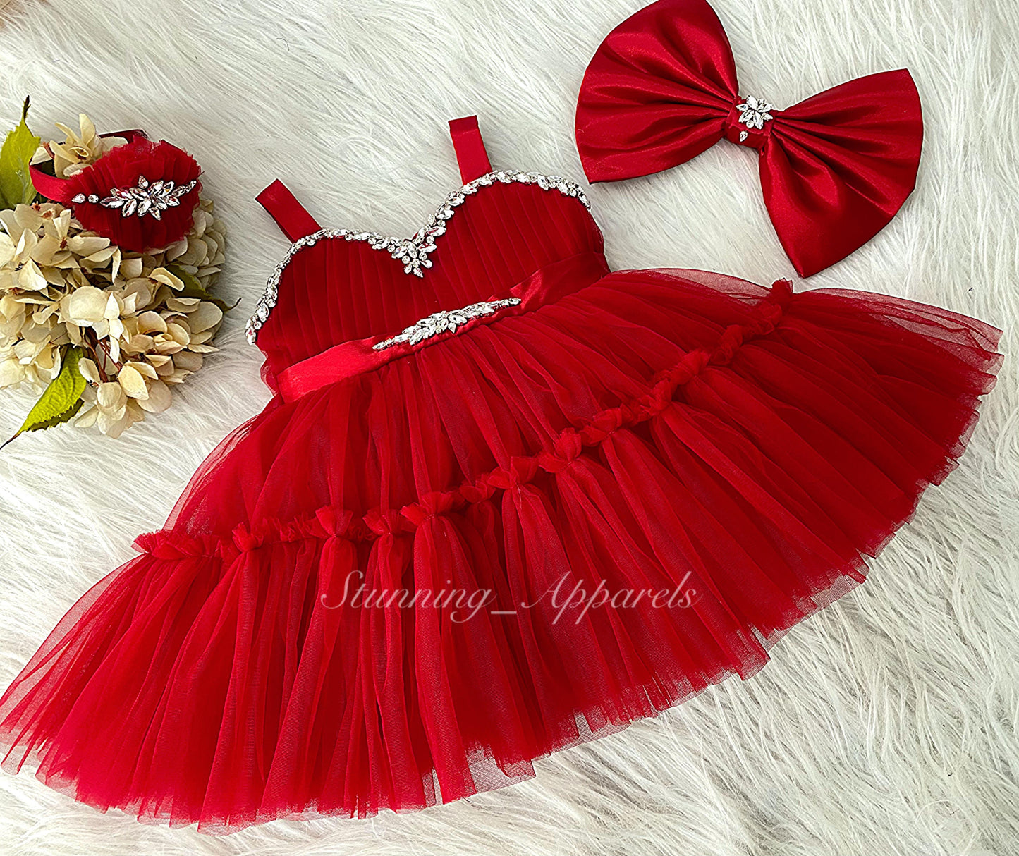Designer Stone and Diamond Work Ruffled Red Dress