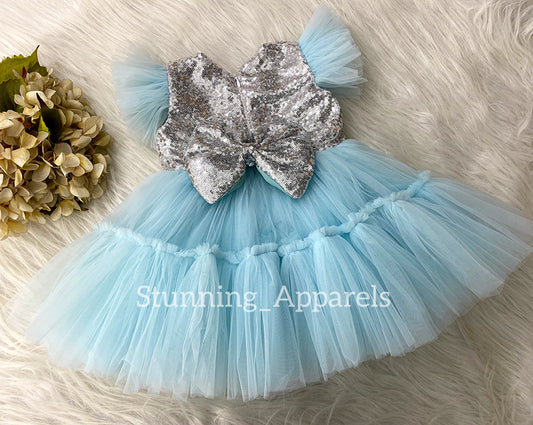 Silver Sequin Bow Sky Blue Ruffled Dress