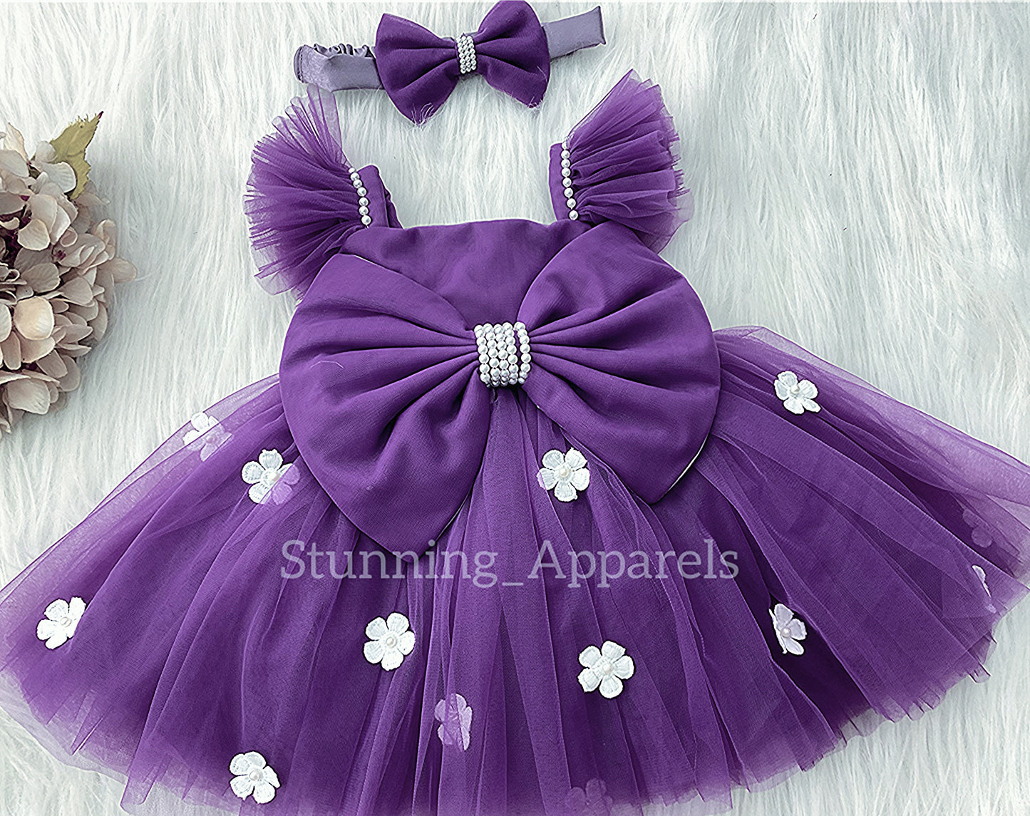 White Flower Work Strapped Sleeves Dark Lavender Frock