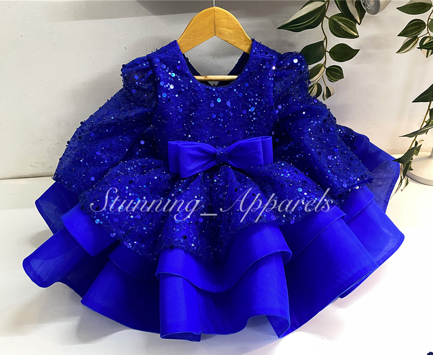 Designer Premium Long Sleeves Beads Sequins Royal Blue Dress