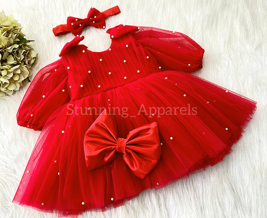 Shoulder Bow Long Puff Sleeves Red dress