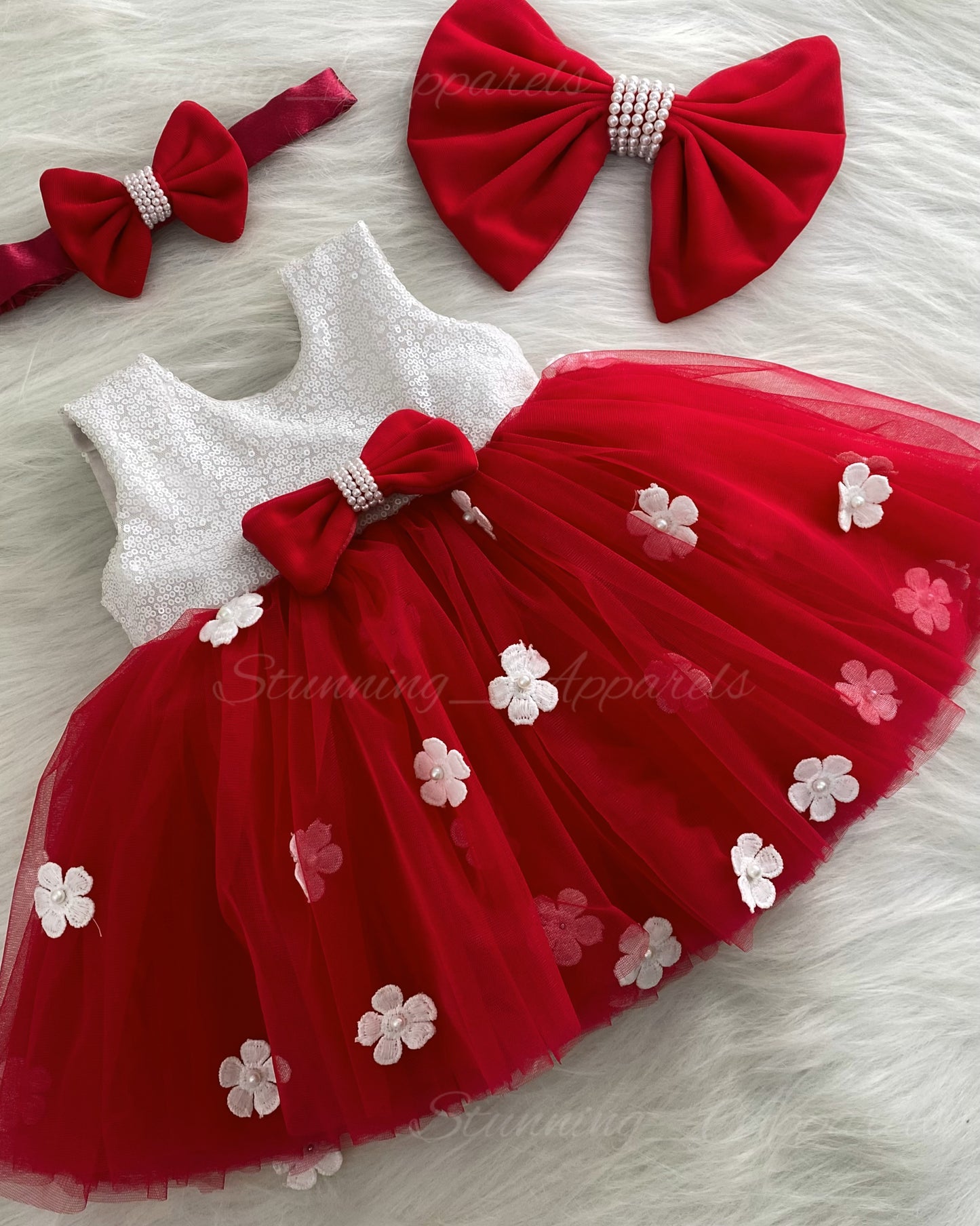 White Flower Work White Milky Sequins Red Dress