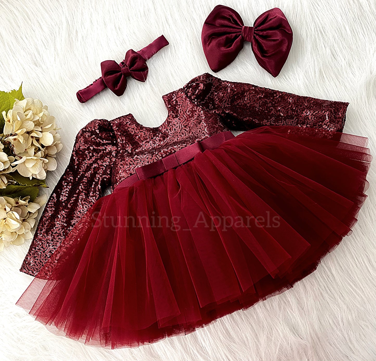 Stylish Long Sleeves Satin Bow Party Wear Maroon Frock