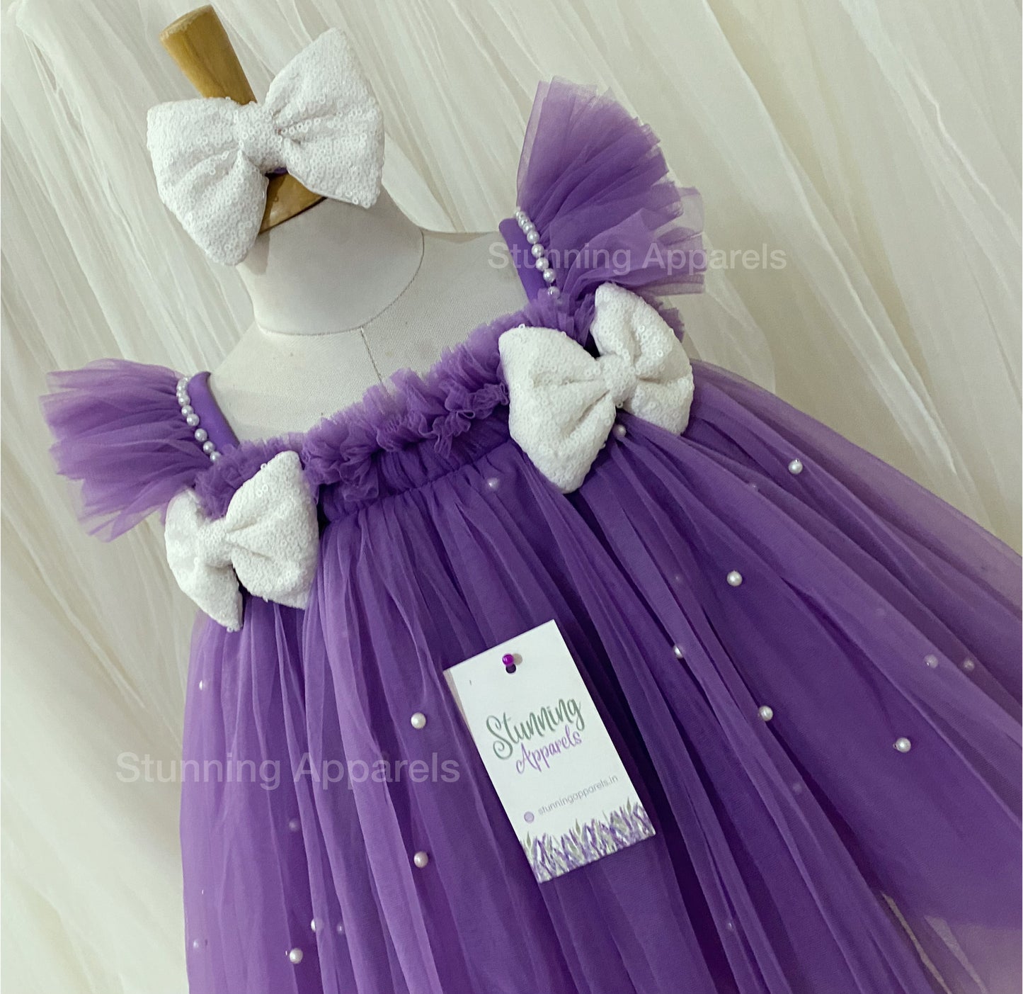 Ruffled Sleeves Strapped  Sequins Bow Party Wear Lavender Umbrella Dress