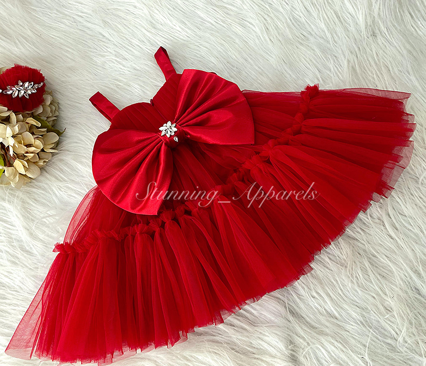 Designer Stone and Diamond Work Ruffled Red Dress