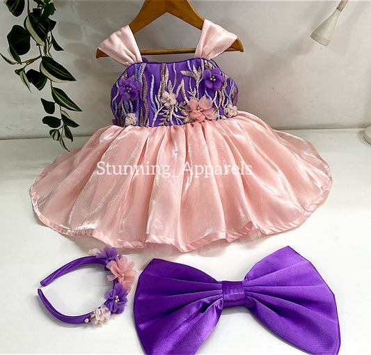 Preety Flower Work Lavender And Peach Combination Dress