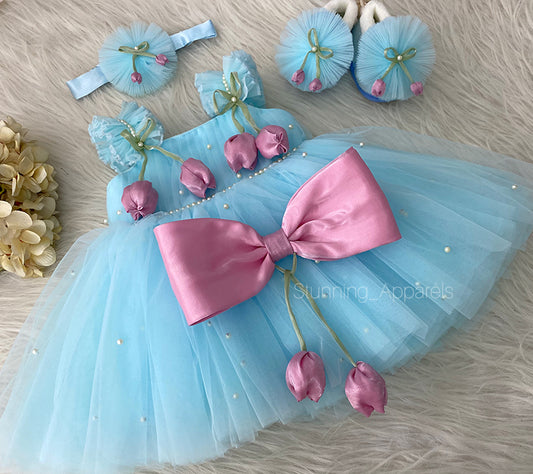 Pink Tulip Flower Work Party Wear Sky Blue Dress