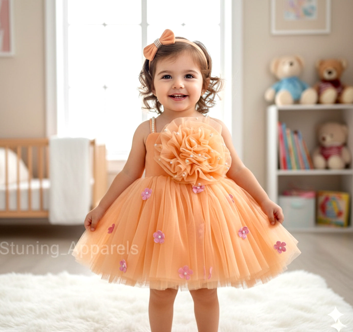White Flower Work Strapped Peach Dress
