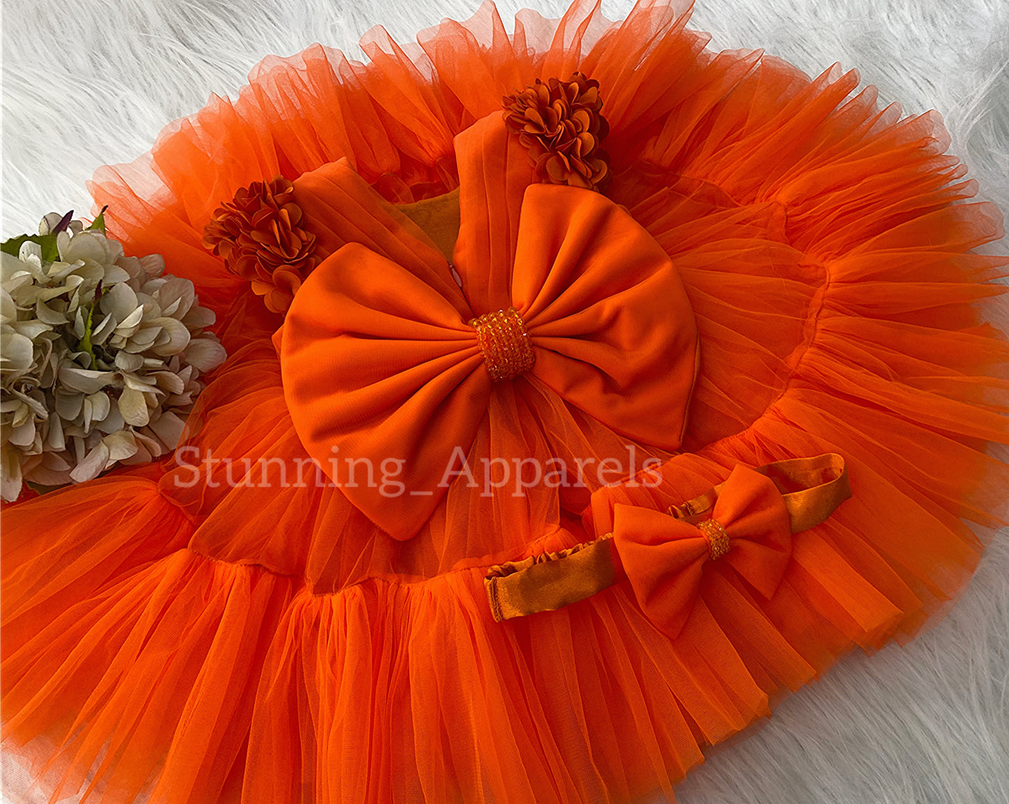 Beautiful Cape Sleeves Flower Work Ruffled Orange Frock
