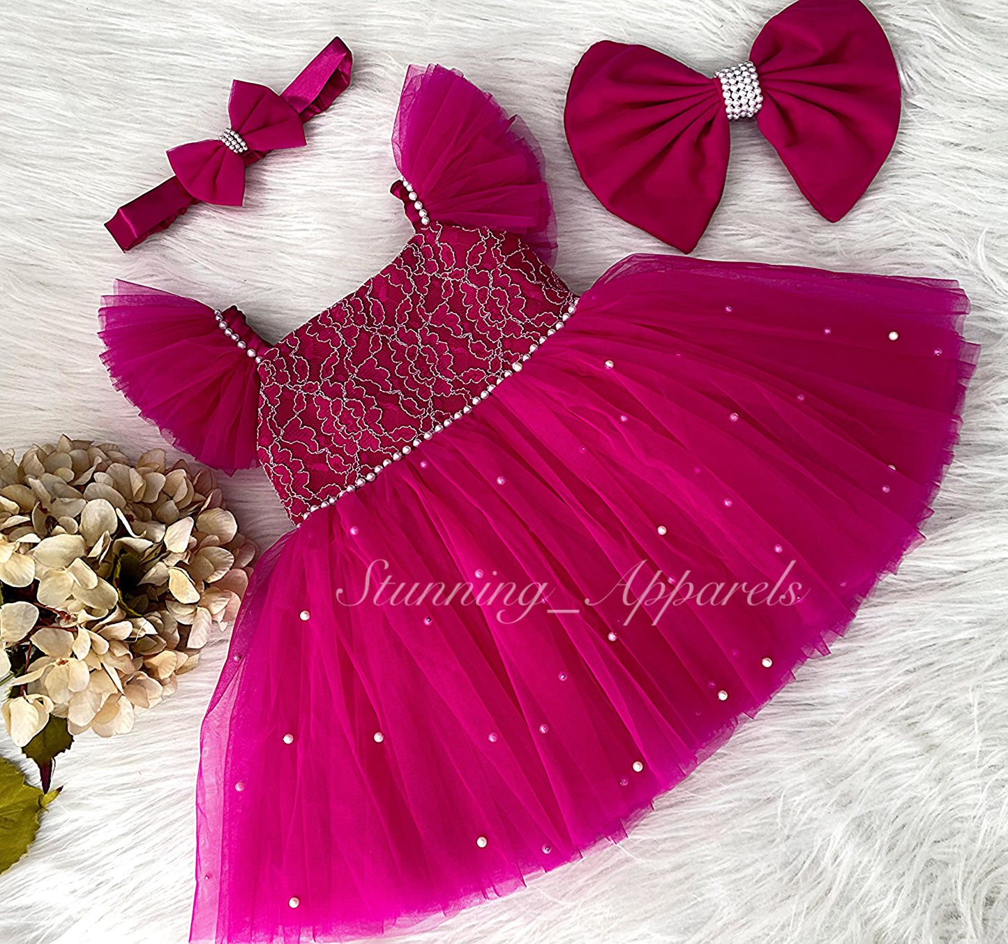White Pearls Work Strapped Sleeves Magenta  Pink Dress