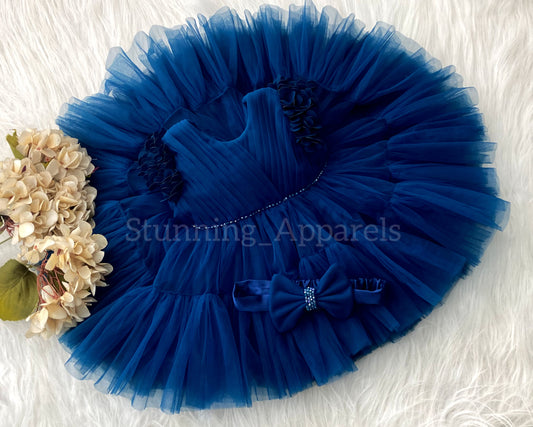 Beautiful Cape Sleeves Flower Work Ruffled Teal Blue Frock