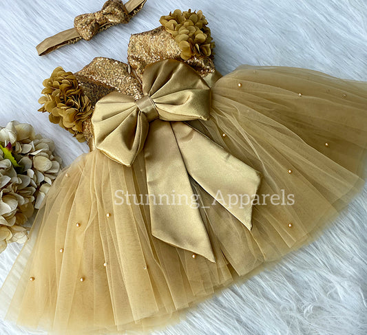 Golden Satin Bow Party Wear Golden Dress