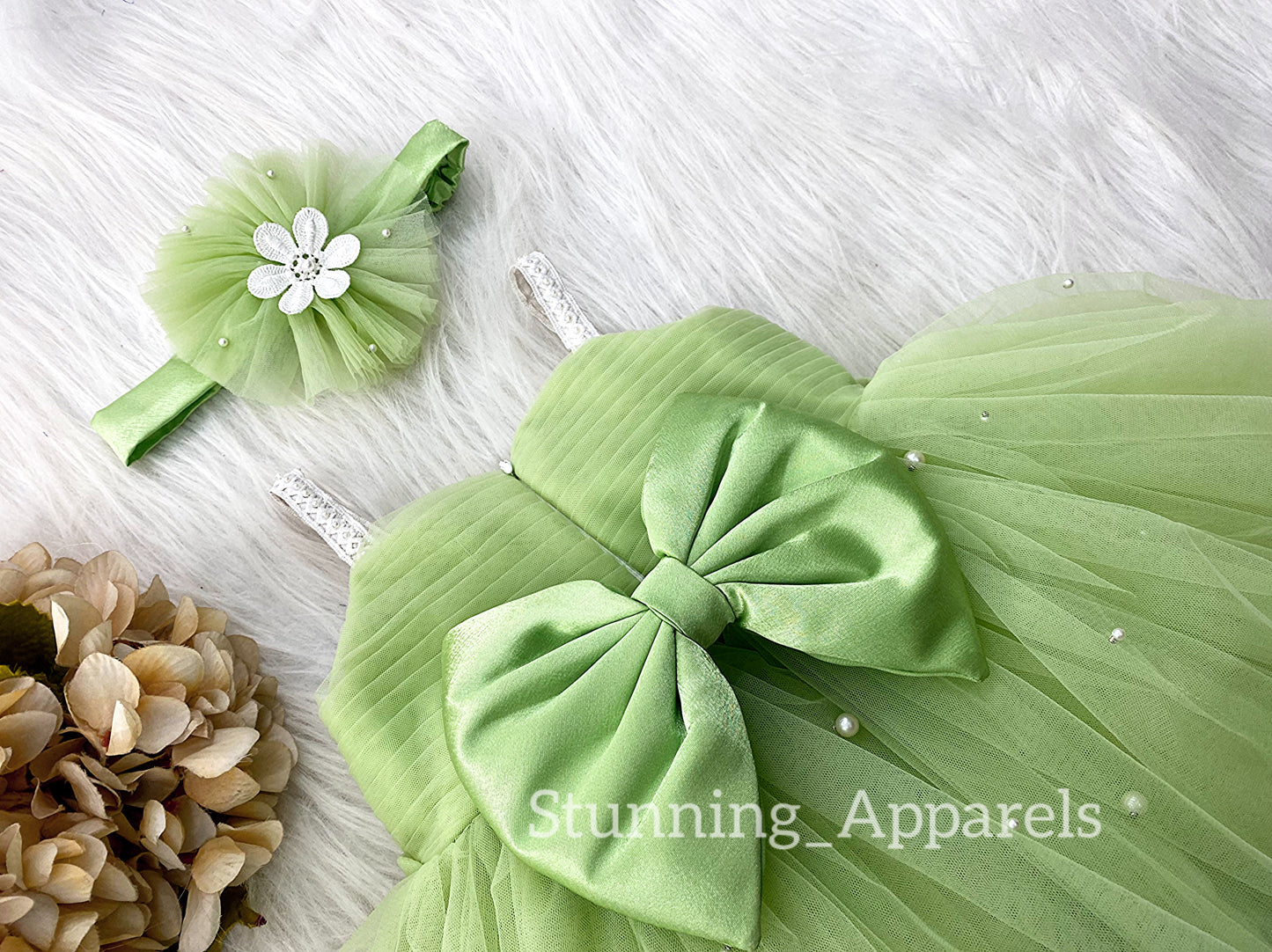 White Flower Work Party Wear Pista Green Dress